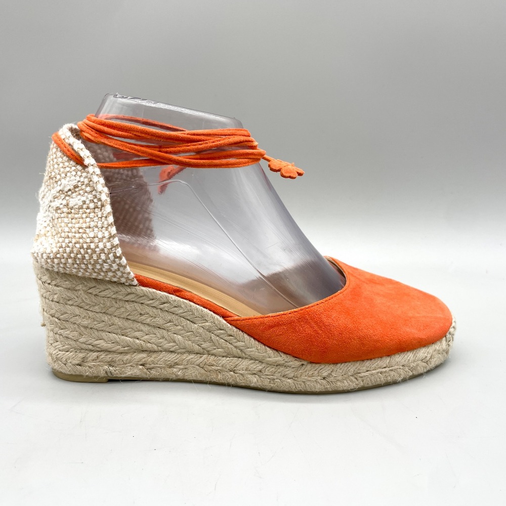 Castaner Womens 38 Carina Wedge Espadrilles Orange Suede Ankle Tie Boho Resort
